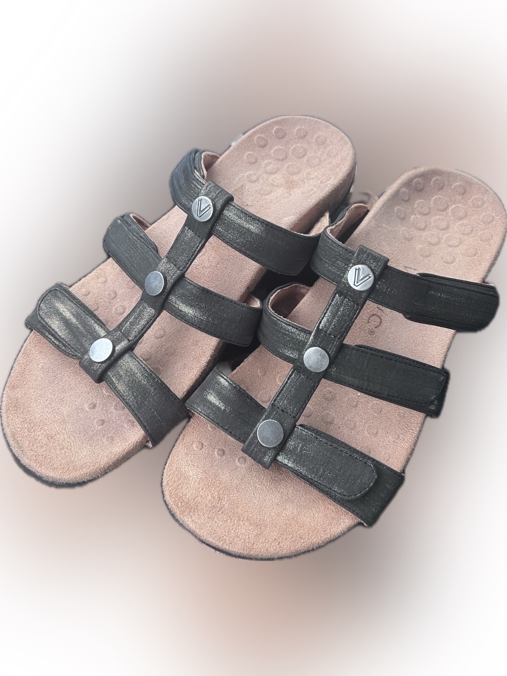 Vionic Amber Bronze Black Shimmer Triple-Strap Comfy Velcro Slide Sandals 8.5